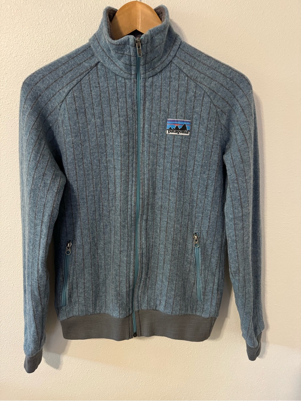Patagonia Wool Blend Quilt Again Sweater Cardigan Blue Stripe Gorpcore-Medium